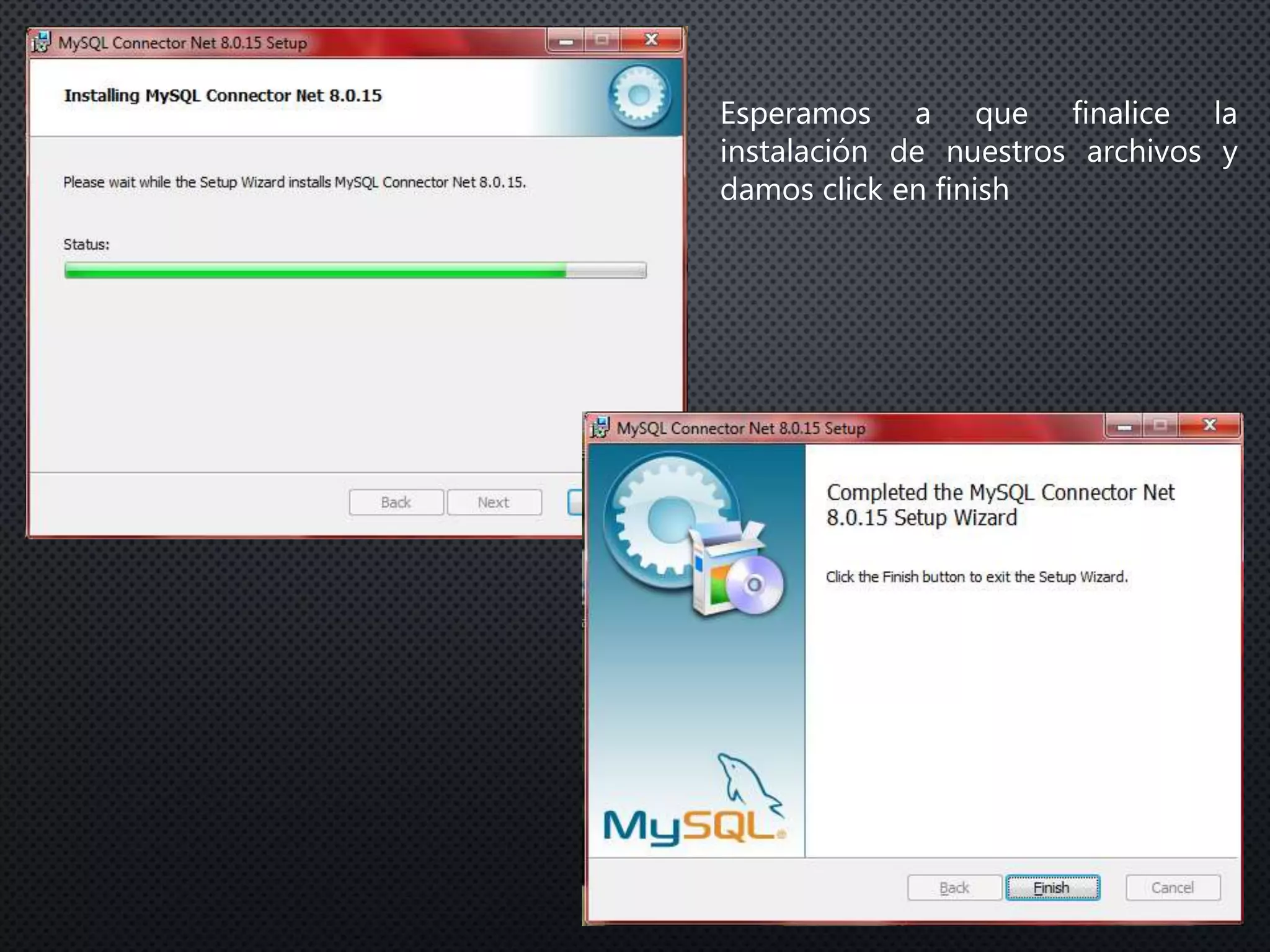 Esperamos a que finalice la
instalación de nuestros archivos y
damos click en finish
 