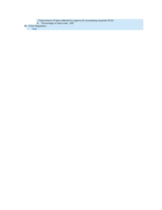 .Total amount of fees collected by agency for processing requests 00.00
            A. Percentage of total costs. .000
XI. FOIA Regulation
      /ceq/
 