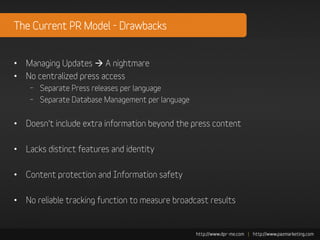 The Current PR Model - Drawbacks


• Managing Updates A nightmare
• No centralized press access
    – Separate Press releases per language
    – Separate Database Management per language


• Doesn’t include extra information beyond the press content

• Lacks distinct features and identity

• Content protection and Information safety

• No reliable tracking function to measure broadcast results
 