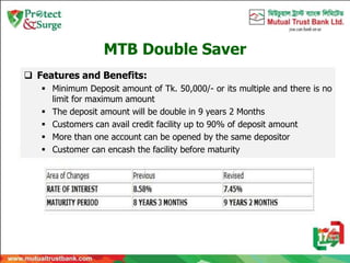 MTB Double Saver
 Features and Benefits:
 Minimum Deposit amount of Tk. 50,000/- or its multiple and there is no
limit for maximum amount
 The deposit amount will be double in 9 years 2 Months
 Customers can avail credit facility up to 90% of deposit amount
 More than one account can be opened by the same depositor
 Customer can encash the facility before maturity
 