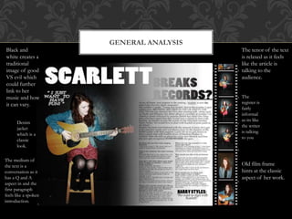 GENERAL ANALYSIS
The tenor of the text
is relaxed as it feels
like the article is
talking to the
audience.
Old film frame
hints at the classic
aspect of her work.
Black and
white creates a
traditional
image of good
VS evil which
could further
link to her
music and how
it can vary.
Denim
jacket
which is a
classic
look.
The
register is
fairly
informal
as its like
the writer
is talking
to you
The medium of
the text is a
conversation as it
has a Q and A
aspect in and the
first paragraph
feels like a spoken
introduction.
 