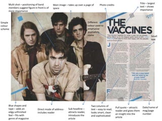 Multi shot – positioning of band                                                                                           Title – largest
                                             Main image – takes up over a page of       Photo credits
     members suggest figure in front is of                                                                                      text – shows
                                             space
     more importance                                                                                                            importance



Simple                                                                       Different
colour                                                                       colour used to
scheme                                                                       emphasise
                                                                             journalists
                                                                             name                                                          Small
                                                                                                                                           text




     Blue shapes and                                                            Two columns of
                                                                                                        Pull quote – attracts     Date/name of
     tape – adds an            Direct mode of address-    Sub headline –        text – easy to read,
                                                                                                        reader and gives them     mag/page
     edgy unfinished           includes reader            attracts reader,      looks smart, clean
                                                                                                        an insight into the       number
     feel – fits with                                     introduces the        and sophisticated
     genre of magazine                                                                                  article
                                                          article
 