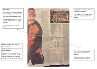 Main image-
Is the vocal pointof the double page
spreadand itis veryclearand bold.
It isa mid-shotof the Rugbyplayer.
It straightawayenablesthe readers
to knowwhatthe article isgoingto
be about.
It enticesreadersintoreadthe
article.
Alongside the mainimage,there are
supportingsubimages.
Theyhelpgive the article animage
and painta visual picture forthe
readers.
Thisis alsoanothersupporting
picture,howeveritismore of a
diagram.
It showsstatisticsandfactsthat
readerscan lookat understand.
A quote hasbeenused,againto
entice readersin.
It isboldand brightlycolouredto
attract readersin.
It alsogivesthe article a personal
edge to it,as readerswill feel asif
theycan connectto the playeretc.
throughunderstandingthesequotes.
 