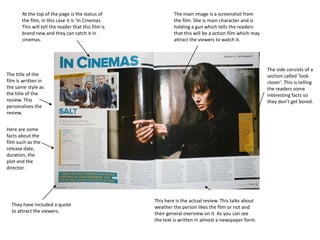 At the top of the page is the status of
the film, in this case it is ‘In Cinemas.
This will tell the reader that this film is
brand new and they can catch it in
cinemas.
The main image is a screenshot from
the film. She is main character and is
holding a gun which tells the readers
that this will be a action film which may
attract the viewers to watch it.
The side consists of a
section called ‘look
closer’. This is telling
the readers some
interesting facts so
they don’t get bored.
This here is the actual review. This talks about
weather the person likes the film or not and
their general overview on it. As you can see
the text is written in almost a newspaper form.
Here are some
facts about the
film such as the
release date,
duration, the
plot and the
director.
The title of the
film is written in
the same style as
the title of the
review. This
personalises the
review.
They have included a quote
to attract the viewers.
 
