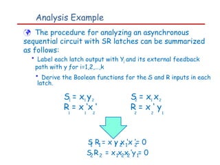 Analysis Example
 The procedure for analyzing an asynchronous
sequential circuit with SR latches can be summarized
as follows:
• Label each latch output with Y and its external feedback
i
path with y for i=1,2,…,k
• Derive the Boolean functions for the S and R inputs in each
i
i i
latch.
S = x y
R = x ‘x ‘
1 1 2
S = x x
R = x ‘ y
2 1 2
1 1 2 2 2 1
S R = x y x ‘x ‘= 0
1 1 1 2 1 2
S R
2 2 = x x x ‘y = 0
1 2 2 1
 