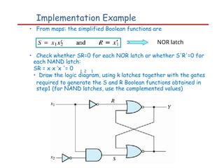 Implementation Example
• From maps: the simplified Boolean functions are
• Check whether SR=0 for each NOR latch or whether S'R'=0 for
each NAND latch:
SR = x x ’x '= 0
• Draw the logic diagram, using k latches together with the gates
1 2 1
required to generate the S and R Boolean functions obtained in
step1 (for NAND latches, use the complemented values)
NOR latch
 