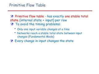 Primitive Flow Table
 Primitive flow table - has exactly one stable total
state (internal state + input) per row
 To avoid the timing problems:
• Only one input variable changes at a time
• Networks reach a stable total state between input
changes (Fundamental Mode)
 Every change in input changes the state
 