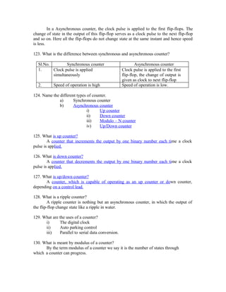 In a Asynchronous counter, the clock pulse is applied to the first flip-flops. The
change of state in the output of this flip-flop serves as a clock pulse to the next flip-flop
and so on. Here all the flip-flops do not change state at the same instant and hence speed
is less.
123. What is the difference between synchronous and asynchronous counter?
Sl.No. Synchronous counter Asynchronous counter
1. Clock pulse is applied
simultaneously
Clock pulse is applied to the first
flip-flop, the change of output is
given as clock to next flip-flop
2. Speed of operation is high Speed of operation is low.
124. Name the different types of counter.
a) Synchronous counter
b) Asynchronous counter
i) Up counter
ii) Down counter
iii) Modulo – N counter
iv) Up/Down counter
125. What is up counter?
A counter that increments the output by one binary number each time a clock
pulse is applied.
126. What is down counter?
A counter that decrements the output by one binary number each time a clock
pulse is applied.
127. What is up/down counter?
A counter, which is capable of operating as an up counter or down counter,
depending on a control lead.
128. What is a ripple counter?
A ripple counter is nothing but an asynchronous counter, in which the output of
the flip-flop change state like a ripple in water.
129. What are the uses of a counter?
i) The digital clock
ii) Auto parking control
iii) Parallel to serial data conversion.
130. What is meant by modulus of a counter?
By the term modulus of a counter we say it is the number of states through
which a counter can progress.
 