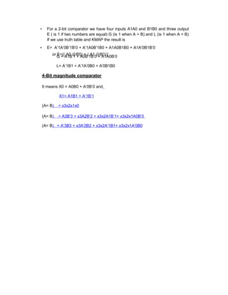 • For a 2-bit comparator we have four inputs A1A0 and B1B0 and three output
E ( is 1 if two numbers are equal) G (is 1 when A > B) and L (is 1 when A < B)
If we use truth table and KMAP the result is
• E= A’1A’0B’1B’0 + A’1A0B’1B0 + A1A0B1B0 + A1A’0B1B’0
or E=(( A0 ⊕B0) + ( A1 ⊕B1))’
G = A1B’1 + A0B’1B’0 + A1A0B’0
L= A’1B1 + A’1A’0B0 + A’0B1B0
4-Bit magnitude comparator
It means X0 = A0B0 + A’0B’0 and
X1= A1B1 + A’1B’1
(A= B) = x3x2x1x0
(A> B) = A3B’3 + x3A2B’2 + x3x2A1B’1+ x3x2x1A0B’0
(A< B) = A’3B3 + x3A’2B2 + x3x2A’1B1+ x3x2x1A’0B0
 