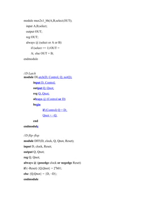 module mux2x1_bh(A,B,select,OUT);
input A,B,select;
output OUT;
reg OUT;
always @ (select or A or B)
if (select == 1) OUT =
A; else OUT = B;
endmodule
//D Latch
module DLatch(D, Control, Q, notQ);
input D, Control;
output Q, Qnot;
reg Q, Qnot;
always @ (Control or D)
begin
end
endmodule
if (Control) Q = D;
Qnot = ~Q;
//D flip–flop
module DFF(D, clock, Q, Qnot, Reset);
input D, clock, Reset;
output Q, Qnot;
reg Q, Qnot;
always @ (posedge clock or negedge Reset)
if (~Reset) {Q,Qnot} = 2‟b01;
else {Q,Qnot} = {D, ~D};
endmodule
 