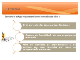 ∗ El Problema
La mayoría de las Mypes no cuenta con el control interno adecuado, debido a:

 