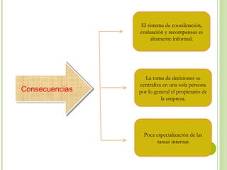 El sistema de coordinación,
evaluación y recompensas es
altamente informal.

Consecuencias
Consecuencias

La toma de decisiones se
centraliza en una sola persona
por lo general el propietario de
la empresa.

Poca especialización de las
tareas internas

 