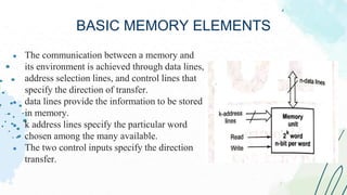 ● The communication between a memory and
its environment is achieved through data lines,
address selection lines, and control lines that
specify the direction of transfer.
● data lines provide the information to be stored
in memory.
● k address lines specify the particular word
chosen among the many available.
● The two control inputs specify the direction
transfer.
BASIC MEMORY ELEMENTS
 