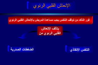 فور التأكد من توقف التنفس يجب مساعدة المريض بالإنعاش القلبي الرئوي الإنعاش القلبي الرئوي يتألف الإنعاش القلبي الرئوي من   الضغطات الصدرية التنفس الإنقاذي 