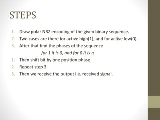 STEPS
1. Draw polar NRZ encoding of the given binary sequence.
2. Two cases are there for active high(1), and for active low(0).
3. After that find the phases of the sequence
for 1 it is 0, and for 0 it is π
1. Then shift bit by one position phase
2. Repeat step 3
3. Then we receive the output i.e. received signal.
 