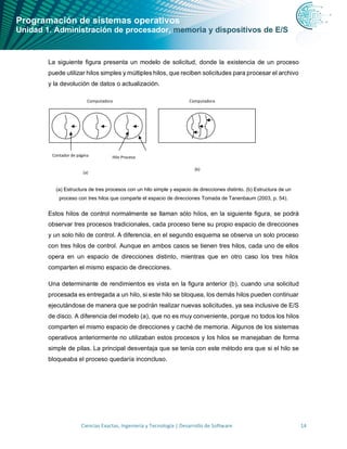 Programación de sistemas operativos
Unidad 1. Administración de procesador, memoria y dispositivos de E/S
Ciencias Exactas, Ingeniería y Tecnología | Desarrollo de Software 14
La siguiente figura presenta un modelo de solicitud, donde la existencia de un proceso
puede utilizar hilos simples y múltiples hilos, que reciben solicitudes para procesar el archivo
y la devolución de datos o actualización.
(a) Estructura de tres procesos con un hilo simple y espacio de direcciones distinto. (b) Estructura de un
proceso con tres hilos que comparte el espacio de direcciones Tomada de Tanenbaum (2003, p. 54).
Estos hilos de control normalmente se llaman sólo hilos, en la siguiente figura, se podrá
observar tres procesos tradicionales, cada proceso tiene su propio espacio de direcciones
y un solo hilo de control. A diferencia, en el segundo esquema se observa un solo proceso
con tres hilos de control. Aunque en ambos casos se tienen tres hilos, cada uno de ellos
opera en un espacio de direcciones distinto, mientras que en otro caso los tres hilos
comparten el mismo espacio de direcciones.
Una determinante de rendimientos es vista en la figura anterior (b), cuando una solicitud
procesada es entregada a un hilo, si este hilo se bloquea, los demás hilos pueden continuar
ejecutándose de manera que se podrán realizar nuevas solicitudes, ya sea inclusive de E/S
de disco. A diferencia del modelo (a), que no es muy conveniente, porque no todos los hilos
comparten el mismo espacio de direcciones y caché de memoria. Algunos de los sistemas
operativos anteriormente no utilizaban estos procesos y los hilos se manejaban de forma
simple de pilas. La principal desventaja que se tenía con este método era que si el hilo se
bloqueaba el proceso quedaría inconcluso.
Contador de página Hilo Proceso
Computadora Computadora
(a)
(b)
 