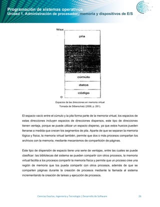 Programación de sistemas operativos
Unidad 1. Administración de procesador, memoria y dispositivos de E/S
Ciencias Exactas, Ingeniería y Tecnología | Desarrollo de Software 26
Espacios de las direcciones en memoria virtual
Tomada de Silberschatz (2006, p. 281).
El espacio vacío entre el cúmulo y la pila forma parte de la memoria virtual, los espacios de
estas direcciones incluyen espacios de direcciones dispersos, este tipo de direcciones
tienen ventaja, porque se puede utilizar un espacio disperso, ya que estos huecos pueden
llenarse a medida que crecen los segmentos de pila. Aparte de que se separan la memoria
lógica y física, la memoria virtual también, permite que dos o más procesos compartan los
archivos con la memoria, mediante mecanismos de compartición de páginas.
Este tipo de dispersión de espacio tiene una serie de ventajas, entre las cuales se puede
clasificar: las bibliotecas del sistema se pueden compartir con otros procesos, la memoria
virtual facilita a los procesos compartir la memoria física y permite que un proceso cree una
región de memoria que los pueda compartir con otros procesos, además de que se
comparten páginas durante la creación de procesos mediante la llamada al sistema
incrementando la creación de tareas y ejecución de procesos.
 