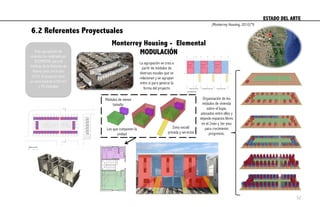 6.2 Referentes Proyectuales
Monterrey Housing - Elemental
MODULACIÓN
ESTADO DEL ARTE	
  
Esta agrupación de
vivienda fue realizada por
ELEMENTAL para el
Instituto de la Vivienda de
Nuevo León, en el año
2010. El proyecto tiene
un área total de 6,591m2
y 70 viviendas
La agrupación se crea a
partir de módulos de
diversas escalas que se
relacionan y se agrupan
entre sí para generar la
forma del proyecto
Módulos de menor
tamaño.
Los que componen la
unidad
Zona social/
privada y servicios
Organización de los
módulos de vivienda
sobre el lugar,
adosados entre ellos y
dejando espacios libres
en el 2ndo y 3er piso
para crecimiento
progresivo.
(Monterrey Housing, 2010)*9
52
 