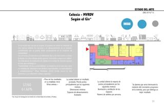 ESTADO DEL ARTE	
  
En la escala más cercana al usuario, la apuesta se centra en entender de
una manera distinta los servicios y el almacenamiento en la vivienda,
considerando que se podría incidir positivamente en la condición de
habitabilidad.
Los servicios y la estructura son elementos fijos y los más costos y revisar
el diseño con este enfoque podría generar innovación y mejorar la calidad.
Los indicadores de evaluación de calidad en la unidad de vivienda reposan
en tres ejes estratégicos:
“Habitabilidad, técnica y sostenibilidad. La unidad se ve en este caso como
un complejo de relaciones entre ámbitos especializados, no especializados
y complementarios.” (Muxi, Montaner, 2010) Donde ocurre la vida
domestica y sus diferentes rutinas y agendas.
*Giv: Grupo de investigación de vivienda de la Universidad de los Andes y Prodesa
37/60
61.66%
La unidad obtiene un resultado
promedio. Pierde puntos
principalmente por los siguientes
motivos:
Dimensiones mínimas
Espacios de almacenamiento
Acabados
La unidad obtiene la mayoría de
puntos principalmente por los
siguientes motivos:
Iluminación y ventilación de los
espacios
Número de ámbitos por persona
Se plantea que sería interesante la
medición del crecimiento progresivo
de la vivienda, para que obtenga un
mejor resultado.
--Para ver los resultados
en su totalidad, mirar
fichas anexas.--
(GIV, 2015)*12
Celosía - MVRDV
Según el Giv*
59
 