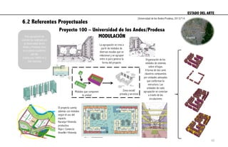6.2 Referentes Proyectuales
Proyecto 100 – Universidad de los Andes/Prodesa
MODULACIÓN
ESTADO DEL ARTE	
  
Esta agrupación de
vivienda fue realizada por
MVRDV en el 2009. Éste
cuenta con 146
apartamentos y un área
total del proyecto de
3400m2
La agrupación se crea a
partir de módulos de
diversas escalas que se
relacionan y se agrupan
entre sí para generar la
forma del proyecto
Módulos que componen
la unidad
Zona social/
privada y servicios
Organización de los
módulos de vivienda
sobre el lugar,
A forma de dos semi
claustros compuestos
por unidades adosadas
que conforman la
estructura. Las
unidades de cada
agrupación se conectan
a través de las
circulaciones
Bogotá	
  Esta agrupación de
vivienda fue realizada por
la Universidad de los
Andes y Prodesa como
un proyecto académico
del GIV.
Cuenta con 14850 m2 y
362 viviendas
El proyecto cuenta
además con módulos
según el uso del
espacio.
Naranja=Vivienda
productiva
Rojo= Comercio
Amarillo=Vivienda
(Universidad de los Andes-Prodesa, 2013)*14
60
 
