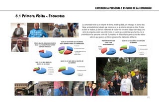 EXPERIENCIA PERSONAL Y ESTUDIO DE LA COMUNIDAD	
  
8.1 Primera Visita - Encuestas
La comunidad recibe a un visitante de forma amable y cálida, sin embargo; es buena idea
llegar acompañado por alguien que conozcan, si es la primera vez que se visita. En esta
ocasión se realizan, a diversos habitantes de los barrios cercanos al lugar de trabajo, una
serie de preguntas sobre sus preferencias en cuanto a sus viviendas y su barrios, no se
profundiza en las personas como tal. El propósito de ésta visita es generar una idea básica
sobre lo que quieren, prefieren y esperan los habitantes del barrio.
65
 