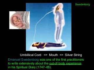 Emanuel Swedenborg was one of the first practitioners 
to write extensively about the out-of-body experience, 
in his Spiritual Diary (1747–65).
Swedenborg 
Umbillical Cord   =>  Mouth  =>  Silver String
 