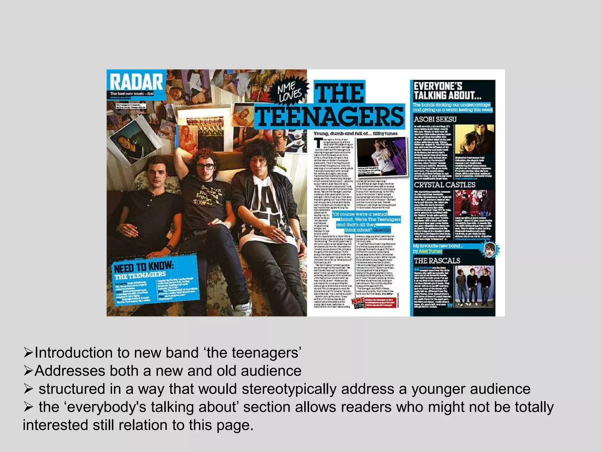 Layout Title Badge ; special issue Automatically looking left. Following the article throughLeading text Drop capSide barPull quote : insight into the articlePhoto: background (album)Photo : To show the band helps fit in with layout.Caption : ‘x appeal punks first pin ups , Billy idol , beefs up his biceps  