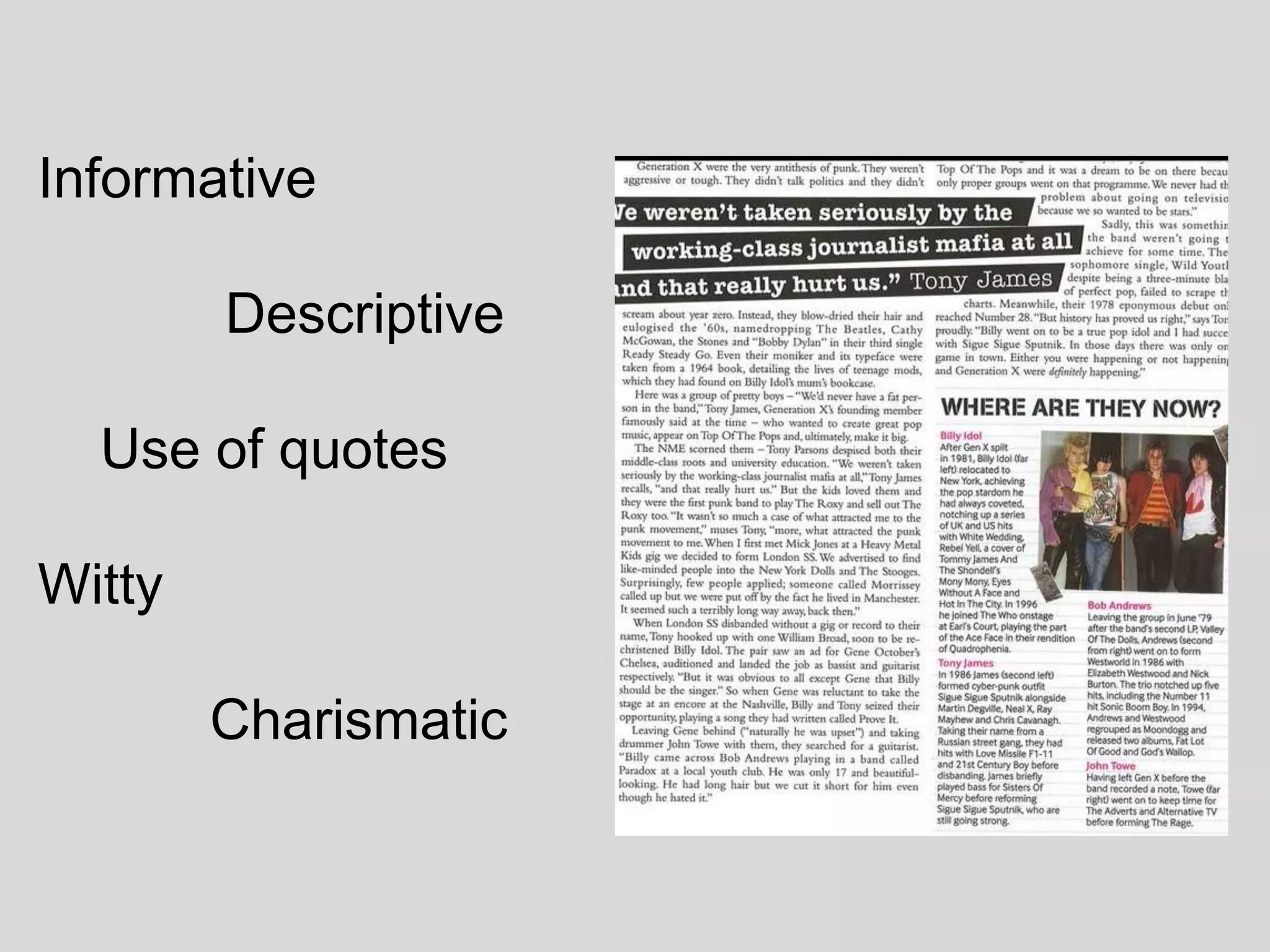 Extensive review section, featuring: new releases (music),  film and live concert reviews, as well as radio and television reviews