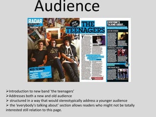 Layout Title Badge ; special issue Automatically looking left. Following the article throughLeading text Drop capSide barPull quote : insight into the articlePhoto: background (album)Photo : To show the band helps fit in with layout.Caption : ‘x appeal punks first pin ups , Billy idol , beefs up his biceps  