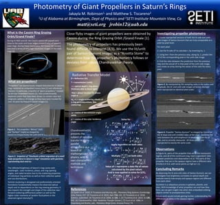 Photometry of Giant Propellers in Saturn’s Rings
Jakayla M. Robinson1, and Matthew S. Tiscareno2
1U of Alabama at Birmingham, Dept of Physics and 2SETI Institute Mountain View, Ca
matt@seti.org jrobin12@uab.edu
11707
a
Close flyby images of giant propellers were obtained by
Cassini during the Ring Grazing Orbit /Grand Finale [1].
The photometry of propellers has previously been
found difficult to interpret [4,5]. We use the lit/unlit
pair of Santos-Dumont images as a “Rosetta Stone” to
determine how the propeller’s photometry follows or
deviates from classic Chandrasekhar theory.
References
[1] Spahn et al. 2018, in Tiscareno and Murray, eds., Planetary Ring Systems (Cambridge
Univ. Press), 157. [2] Tiscareno et al. 2010, ApJL 718, L92. [3] Tiscareno et al. 2018,
Science, submitted. [4] Tiscareno et al. 2008, AJ 135, 1. [5] Tiscareno et al. 2010. AJ 139,
492. [6] Chandrasekhar 1960. Radiative Transfer (Dover). [7] Cuzzi et al. 1984, in
Greenberg and Brahic, eds., Planetary Rings (Univ. Arizona Press), 73.
What is the Cassini Ring Grazing
Orbit/Grand Finale?
During its RGO and GF, the Cassini spacecraft passed very
close to the outer and inner edges (respectively) of Saturn’s
main rings. During these maneuvers, the Cassini ISS camera
executed a series of very high-resolution images of the main
rings [3].
The reflected brightness of Saturn’s rings varies with
wavelength , solar incidence, phase, and ring opening
angles, and radial location due to the scattering properties
of individual ring particles as well as their collective spatial
and size distributions.
Particle clustering in elongated and preferentially oriented
formations fundamentally impacts the observed optical
depth and its dependence on the ring viewing geometry. It
also impacts the strength and shape of the collective near-
forward scattering (diffraction) pattern as well as the
higher order moments of random fluctuations in the
observed signal intensity[7].
What are propellers?
“Propellers” are eponymously-shaped disturbances in Saturn’s
rings centered on embedded moons (see [1] and references
therein). In particular, a handful of “giant propellers,” created
by km-size embedded moons [2], have predominantly
keplerian orbits that have been shown to contain clear but
enigmatic patterns of change as they have been tracked for
over 10 years by frequent Cassini images [1].
Figure 1. The propellers “Blériot” (left)
and “Earhart” (right) as imaged by
Cassini on (respectively) the unlit and lit sides of the rings.
Figure 2. Snapshot of “Stochastic orbital migration of a small
body (propellers) in Saturn's rings” simulation with particles
representing dust and ice.
Investigating propeller photometry
1. Create reprojected versions of both the lit-side and unlit-
side images of Santos-Dumont that are truly comparable at a
pixel-by-pixel level.
For each pixel:
2. Use the lit-side I/F to calculate τ, by inverting Eq. 1.
3. Using the τ from the previous step, along Eq. 2, predict the
I/F of the corresponding pixel in the unlit-side image.
4. Find the ratio between the prediction from the previous
step and the actual I/F in that pixel of the unlit-side image,
and create an array storing the values of this ratio for every
pixel.
Figure 3. By manipulating the sampling rates in the radius and
longitude, the lit- and unlit-side images of Santos-Dumont
were reprojected on identical pixel scales
Figure 4. Propeller “Santos-Dumont” as imaged by Cassini on
the lit (top) and unlit (middle) sides of the rings. (bottom) The
ratio between the unlit brightness as predicted from the lit
side, and as actually measured. All three panels are
reprojected to exactly the same scale.
N
R = Reflection (lit)
T = transmission (unlit)
τ = optical depth ( ring plane
thickness able to block light)
P(α) = phase function for phase
angle α
ϖ0 ≈1 = single-scattering albedo of
a ring particle(unitless, Mie
scattering)
μ = cosine of the emission angle
while
μ′ = cosine of the solar incidence
angle
Observations
In Figure 4c, parts of the propeller that are in the translucent
regime, and all of the continuum ring, have a consistent ratio
between prediction and observation (≈0.3) The parts of the
propeller that are in the opaque regime have a different ratio
(mostly 0.4–0.6, with some points as high as 1.1).
Concluding Remarks
By observing the lit and unlit sides of Santos-Dumont, we can
investigate how brightness correlates to optical depth and
evaluate exactly how empty and opaque regions are different
from each other.
Accretion is a ubiquitous process in galaxies, planets, and
stars. With knowledge of what propellers are and how they
form, we can gain insight into other disk-embedded orbiting
objects similar to protoplanetary disks.
Future work would include gaining further understanding the
differences in ratios in the opaque regions
A Ring
μ
ϖ0
μ′
P(α)
Chandrasekhar[6]
presents the
subject of radiative
transfer in plane-
parallel
atmosphere as a
branch of
mathematical
physics, with its
own characteristic
methods and
techniques
Radiative Transfer Model
Solve for 𝝉
𝑰
𝑭 𝑹
=
𝑷(∝)𝝕 𝟎
𝟒𝝁
𝝁𝝁′
𝝁′ + 𝝁
(𝟏 − 𝒆
−
𝝉 𝝁+𝝁′
𝝁𝝁′
)
𝑰
𝑭
𝟒𝝁
𝑷 𝜶
𝝁′
+ 𝝁
𝝁𝝁′
= ( 𝟏 − 𝒆
−
𝝉 𝝁+𝝁′
𝝁𝝁′
)
𝒆
−
𝝉 𝝁+𝝁′
𝝁𝝁′
= 𝟏 −
𝑰
𝑭 𝑹
𝟒𝝁
𝑷 𝜶
Apply logarithm on both sides
𝒍𝒏 𝒆
−
𝟎 𝝁+𝝁′
𝝁𝝁′
= 𝒍𝒏 𝟏 −
𝑰
𝑭 𝑹
𝟒𝝁
𝑷 𝜶
Multiply
𝝁′+𝝁
𝝁𝝁′ on both sides
𝝉 =
𝝁′
+ 𝝁
𝝁𝝁′
𝒍𝒏 𝟏 −
𝑰
𝑭 𝑹
𝟒𝝁
𝑷 𝜶
Value of 𝝉 represents a data file of values
calculated by the pixel values
And is now applied to solve for (I/F)T
𝑰
𝑭 𝑻
=
𝑷(∝)𝝕 𝟎
𝟒𝝁
𝝁𝝁′
𝝁′ − 𝝁
(𝒆
−
𝝉
𝝁′
− 𝒆
−
𝝉
𝝁)
 