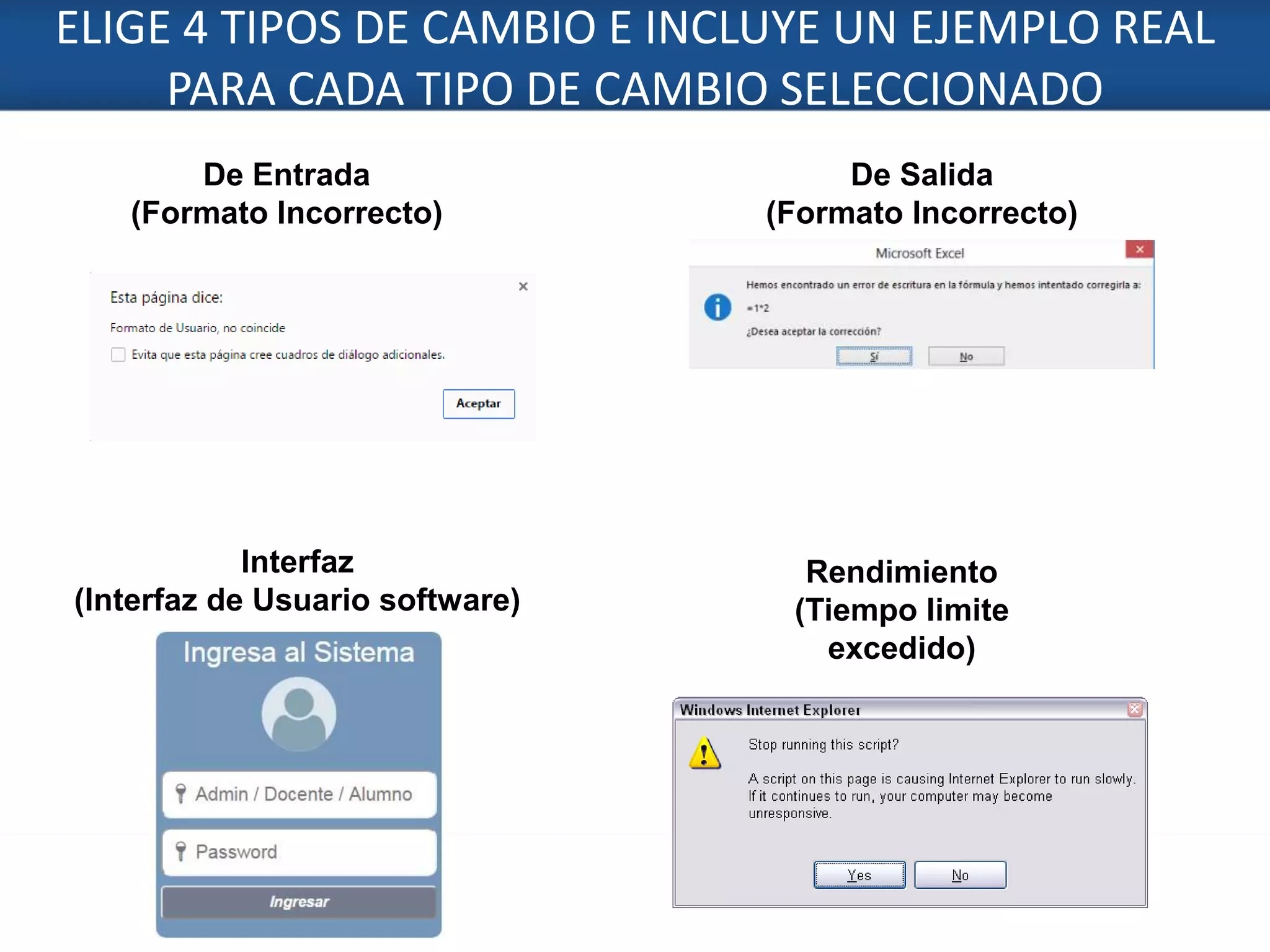 ELIGE 4 TIPOS DE CAMBIO E INCLUYE UN EJEMPLO REAL
PARA CADA TIPO DE CAMBIO SELECCIONADO
5
De Entrada
(Formato Incorrecto)
De Salida
(Formato Incorrecto)
Interfaz
(Interfaz de Usuario software)
Rendimiento
(Tiempo limite
excedido)
 