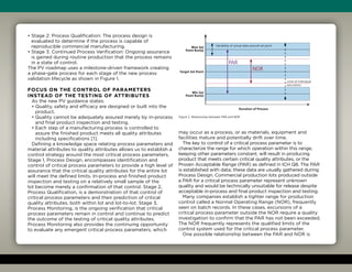 • Stage 2: Process Qualification: The process design is
evaluated to determine if the process is capable of
reproducible commercial manufacturing.
• Stage 3: Continued Process Verification: Ongoing assurance
is gained during routine production that the process remains
in a state of control.
The PV roadmap uses a milestone-driven framework creating
a phase-gate process for each stage of the new process
validation lifecycle as shown in Figure 1.
Focus on the Control of Parameters
Instead of the Testing of Attributes
As the new PV guidance states:
• Quality, safety and efficacy are designed or built into the
product.
• Quality cannot be adequately assured merely by in-process
and final product inspection and testing.
• Each step of a manufacturing process is controlled to
assure the finished product meets all quality attributes
including specifications [1].
Defining a knowledge space relating process parameters and
material attributes to quality attributes allows us to establish a
control strategy around the most critical process parameters.
Stage 1, Process Design, encompasses identification and
control of critical process parameters to provide a high level of
assurance that the critical quality attributes for the entire lot
will meet the defined limits. In-process and finished product
inspection and testing on a relatively small sample of the
lot become merely a confirmation of that control. Stage 2,
Process Qualification, is a demonstration of that control of
critical process parameters and their prediction of critical
quality attributes, both within lot and lot-to-lot. Stage 3,
Process Monitoring, is the ongoing verification that critical
process parameters remain in control and continue to predict
the outcome of the testing of critical quality attributes.
Process Monitoring also provides the continuing opportunity
to evaluate any emergent critical process parameters, which
may occur as a process, or as materials, equipment and
facilities mature and potentially drift over time.
The key to control of a critical process parameter is to
characterize the range for which operation within this range,
keeping other parameters constant, will result in producing
product that meets certain critical quality attributes, or the
Proven Acceptable Range (PAR) as defined in ICH Q8. The PAR
is established with data; these data are usually gathered during
Process Design. Commercial production lots produced outside
a PAR for a critical process parameter represent unknown
quality and would be technically unsuitable for release despite
acceptable in-process and final product inspection and testing.
Many companies establish a tighter range for production
control called a Normal Operating Range (NOR), frequently
seen on batch records. In these cases, excursions of a
critical process parameter outside the NOR require a quality
investigation to confirm that the PAR has not been exceeded.
The NOR frequently represents the qualified limits of the
control system used for the critical process parameter.
One possible relationship between the PAR and NOR is
Variability of actual data around set point
Limit of Individual
excursions
Max Set
Point Run(s)
Target Set Point
Min Set
Point Run(s)
Duration of Process
PAR
NOR
Figure 2. Relationship between PAR and NOR
 