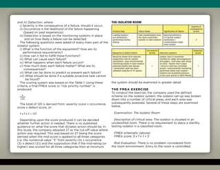 and iii) Detection; where:
i) Severity is the consequence of a failure, should it occur;
ii) Occurrence is the likelihood of the failure happening
(based on past experience);
iii) Detection is based on the monitoring systems in place
and on how likely a failure can be detected.
The following questions were asked of every main part of the
isolator system:
i) What is the function of the equipment? How are its
performance requirements?
ii) How can it fail to fulfill these functions?
iii) What can cause each failure?
iv) What happens when each failure occurs?
v) How much does each failure matter? What are its
consequences?
vi) What can be done to predict or prevent each failure?
vii) What should be done if a suitable proactive task cannot
be found?
The scoring system was based on the Table 1. Using these
criteria, a final FMEA score or “risk priority number” is
produced:
x
125
The total of 125 is derived from: severity score x occurrence
score x detect score, or:
5 x 5 x 5 = 125
Depending upon the score produced it can be decided
whether further action is needed. There is no published
guidance on what the score that dictates action should be. In
this study, the company adopted 27 as the cut-off value where
action was required. This was based on 27 being the score
derived when the mid-score is applied to all three categories
[i.e. the numerical value “3” from severity (3) x occurrence
(3) x detect (3)] and the supposition that if the mid-rating (or
higher) was scored for all three categories then at minimum
the system should be examined in greater detail.
The FMEA Exercise
To conduct the exercise, the company used the defined
scheme on the isolator system, the isolator set-up was broken
down into a number of critical areas, and each area was
subsequently assessed. Several of these steps are examined
below.
Examination: The Isolator Room
Description of critical area: The isolator is situated in an
unclassified room. There is no requirement to place a sterility
testing isolator in a classified room.
FMEA schematic (above):
FMEA score: 3 x 1 x 1 = 3
Risk Evaluation: There is no problem considered from
the room environment. Entry to the room is controlled;
The Isolator Room
Process Step Failure Mode Significance of Failure
Severity of
Consequence
(score)
Loading isolators
pre-sanitization /
performing sterility
testing
That contamination from
the room could enter
transfer or main isolators
Reduced efficiency
of transfer isolator
sanitization /
contamination inside
main isolator
3
Measures to Detect Failure
Occurrence
(score) Detection Systems
Detection
(score)
Would be shown from reduced
evaporation rate for isolator
sanitization / poor environmental
monitoring results in main isolator/
potential sterility test failures
/ sanitization cycle has been
validated using Bls of 106
spores
1
Isolator room is monitored
monthly for viable microorganisms
and papers / staff wear over-shoes
on entry / Dycem mat in place
/ entry to room has controlled
access / environmental monitoring
performed inside main isolator/
isolators are at positive pressure
to the room and air is HEPA filtered
1
 
