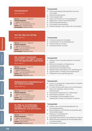 10
Lehrgänge&StudienInfos&KontaktZusatzkompetenzenTechnikManagementInstandhaltungstage
Trainingsinhalte
¡¡ Innovationsmanagement Grundlagen:
¡¡ Kundenbedürfnis und Kundenbegeisterung
¡¡ Probleme erkennen und lösen:
¡¡ Kreativitätsmethoden anwenden:
Trainingsinhalte
¡¡ Definition, Arten und Anwendungsmöglichkeiten der
Schwachstellenanalysen
¡¡ Datenverfügbarkeit und EDV-Einsatz als Voraussetzung für
Schwachstellenanalysen
¡¡ Ableitung von „bedarfsgerechten“
Instandhaltungsmaßnahmen
¡¡ Notwendiger Personenkreis für eine erfolgreiche Umsetzung
¡¡ Mittels Kennzahlen Ergebnisse der Schwachstellenanalyse
und Erfolge darstellen
¡¡ Praxisbeispiele und Übungen
Trainingsinhalte
¡¡ Verbessern Sie Ihr Ersatzteilmanagement mit einfachen
Schritten.
¡¡ Definition der Ersatzteile und Klassifizierung
¡¡ Ersatzteilbewirtschaftungsmodelle
¡¡ Optimierung der Ersatzteilabwicklung
¡¡ Bedarfsermittlung, Beschaffung und C-Teile Management
¡¡ Lagerkennzahlen, Controlling der Ersatzteilwirtschaft
¡¡ Verfügbarkeit versus Lagerhaltungskosten
Trainingsinhalte
¡¡ Formen von risikobasierten Vorgehensweisen im Überblick:
FME(C)A, RCM, RBM, u.a.
¡¡ Für welche Anwendungen eignet sich eine Risikoanalyse?
Welche Ihrer Teilanlagen verdienen erhöhte
Aufmerksamkeit?
¡¡ Praxiserprobte Vorgehensweise zur Risikoanalyse
¡¡ Risikoanalyse durchgeführt - was nun?
¡¡ Praxisbeispiele, Anwendungsfälle aus Ihrem
Tagesgeschäft, Übungen zur praktischen Umsetzung
Von der Idee zum Erfolg
Modul TAIH1710
Ihr Weg zu zuverlässigen
Anlagen. Schwachstellen
identifizieren und eliminieren.
Modul TAIH1713
Die richtigen Ersatzteile
beschaffen und lagern. Kosten
und Verfügbarkeiten optimieren
Modul TAIH1711
Risikobasierte Instandhaltung in
der Praxis anwenden
Modul TAIH17012
Termin: 05.04.2017, Klagenfurt
Teilnahmegebühr:
1-tägiges Training/Person:
€ 690,- zzgl. der gesetzlichen USt.
Trainer: Thomas Kasper
Veranstalter: Messfeld GmbH
Termin: 05.04.2017, Klagenfurt
Teilnahmegebühr:
1-tägiges Training/Person:
€ 690,- zzgl. der gesetzlichen USt.
Trainer: Harald Klimes
Veranstalter: Messfeld GmbH
Termin: 05.04.2017, Klagenfurt
Teilnahmegebühr:
1-tägiges Training/Person:
€ 690,- zzgl. der gesetzlichen USt.
Trainer: Erich Baumann
Veranstalter: Messfeld GmbH
Termin: 05.04.2017, Klagenfurt
Teilnahmegebühr:
1-tägiges Training/Person:
€ 690,- zzgl. der gesetzlichen USt.
Trainer: Heino von Schuckmann
Veranstalter: Messfeld GmbH
Trainingsinhalte
¡¡ Strahlungsphysikalische Besonderheiten der Infrarot-
Thermografie
¡¡ Reale Strahlungssituationen
¡¡ Emissionsgradkorrektur
¡¡ Aufbau und Parameter von Thermografiegeräten
¡¡ Möglichkeiten moderner F&E-Analysesoftware
¡¡ Professionelle Berichterstellung
¡¡ Thermografie-Technikausstellung
¡¡ Praktische Übungen, unter anderem Aktiv-Thermografie
Infrarottechnik
Modul TAIH1709
Termin: 04.04.2017, Klagenfurt
Teilnahmegebühr:
1-tägiges Training/Person:
€ 690,- zzgl. der gesetzlichen USt.
Trainer: Ing. Andreas Angerer
Veranstalter: Messfeld GmbH
TAG1TAG2TAG2TAG2TAG2
 