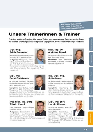 47
Lehrgänge&StudienInfos&KontaktZusatzkompetenzenTechnik
Management
Instandhaltungstage
Ing. Dipl.-Ing.
Jutta Isopp
GF Messfeld GmbH, Lehrbeauftragte FH
Kärnten, FH Campus02 und Universität
Klagenfurt
Fachgebiete: Instandhaltung, Con-
dition Monitoring, Energie Monitoring,
Schwingungstechnik, Akustik, Maschinendynamik, Senso-
rik, Maschinendiagnose, Wälzlagertechnik, Thermografie
Unsere Trainerinnen & Trainer
Dipl.-Ing. Dr.
Andreas Dankl
GF dankl+partner consulting gmbh, GF
MCP Deutschland GmbH
Fachgebiete: Asset Management,
IH-Strategien für Anlagen, Controlling,
OEE-Wert-Steigerung u.ä.
Dipl.-Ing.
Erich Baumann
Netzwerkpartner dankl+partner consul-
ting gmbh, MCP Deutschland GmbH
Fachgebiete: Management, Instand-
haltung, Materialwirtschaft, Optimierun-
gen (KVB, BVW, Prozessoptimierung,
Reorganisationsmodelle), Personalentwicklung und -aus-
wahl, Schulungskonzepte, Claim-Management, Projekt-
management
Dipl.-Ing.
Ernst Gaisbauer
GF Gaisbauer Consulting, Netzwerk-
partner dankl+partner consulting gmbh,
MCP Deutschland GmbH
Fachgebiete: Instandhaltung, Facility
Management, TPM, Instandhaltungs-
strategien, Arbeitssicherheit, Rohstoffproduktion und -auf-
bereitung, thermische, chemische und mechanische Ver-
fahrenstechnik, Stollen- und Tunnelbau
Ing. Dipl.-Ing. (FH)
Edwin Kimpl
Leiter Entwicklung / Division Manager,
Eisenbeiss GmbH
Fachgebiete: Getriebetechnik, Be-
triebsfestigkeit, Maschinendynamik,
Maschinenakustik, Tribologie, Konstruk-
tion- und Entwicklungsmethodik, Wissensmanagement,
Innovationsmanagement
Dipl.-Ing. (FH)
Harald Klimes
dankl+partner consulting gmbh, MCP
Deutschland GmbH
Fachgebiete: Instandhaltung, Er-
satzteilmanagement, Schwachstel-
lenanalyse, IH-Strategien für Anla-
gen, strategische Personalentwicklung, Einführung von
EDV-Werkzeugen (IPSA), IST-Zustand Analysen und Aus-
wertung, Coaching
Praktiker trainieren Praktiker. Alle unsere Trainer sind ausgewiesene Experten aus der Praxis
mit reichem Erfahrungsschatz und großem Engagement. Wir möchten Ihnen einige vorstellen:
Alle unsere Trainerinnen
und Trainer finden Sie auf
www.trainingsakademie.eu!
 