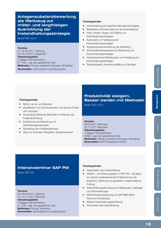 15
Lehrgänge&StudienInfos&KontaktZusatzkompetenzenTechnikManagementInstandhaltungstage
Trainingsinhalte
¡¡ Instandhaltung als integrierte Managementaufgabe
¡¡ Betriebliche Anforderungen an die Instandhaltung
¡¡ Arten, Inhalte, Nutzen und Effekte von
Instandhaltungsstrategien
¡¡ Systematik zur Festlegung der
Instandhaltungsstrategien
¡¡ Anlagensubstanzbewertung als Werkzeug
¡¡ Wirtschaftlichkeitsaspekte zur Bewertung von
Instandhaltungsstrategien
¡¡ Organisatorische Bedingungen zur Festlegung von
Instandhaltungsstrategien
¡¡ Praxisbeispiele, Anwendungsfälle und Übungen
Trainingsinhalte
¡¡ Organisation der Instandhaltung
¡¡ Arbeits- / und Wartungspläne in SAP PM - die Basis
für zyklisch wiederkehrende IH-Maßnahmen wie
Inspektion, Wartung und gesetzlich vorgeschriebene
Prüfung
¡¡ Instandhaltungsabwicklung mit Meldungen, Aufträgen
und Rückmeldungen
¡¡ Mitarbeitereinsatzplanung mit SAP MRS (Multi
Resource Scheduling)
¡¡ Mobile Instandhaltungsabwicklung
¡¡ Kennzahlen der Instandhaltung
Anlagensubstanzbewertung
als Werkzeug zur
mittel- und langfristigen
Ausrichtung der
Instandhaltungsstrategie
Modul TA01-22-A
Intensivseminar SAP PM
Modul TA01-24
Termine:
01.-02.03.2017, Salzburg
04.-05.10.2017, Klagenfurt
Teilnahmegebühr:
2-tägiges Training/Person:
€ 1.190,- zzgl. der gesetzlichen USt.
Methoden: Vortrag, praktische Übungen, Workshop
Veranstalter: dankl+partner consulting gmbh
Termine:
08.-09.03.2017, Salzburg
14.-15.11.2017, München
Teilnahmegebühr:
2-tägiges Training/Person:
€ 1.190,- zzgl. der gesetzlichen USt.
Methoden: Vortrag, Workshop
Veranstalter: dankl+partner consulting gmbh
Trainingsinhalte
¡¡ Motto: Lernen und Machen!
¡¡ Identifikation von Verlustursachen und rasches Finden
von Lösungen
¡¡ Anwendung hilfreicher Methoden im Rahmen der
Projektabwicklung
¡¡ Erarbeitung und Bewertung von
Optimierungspotenzialen
¡¡ Darstellung der Projektergebnisse
¡¡ Üben an konkreten Beispielen, Gruppenarbeiten
Produktivität steigern.
Besser werden mit Methode!
Modul TA01-15-D
Termine:
08.03.2017, München
30.11.2017, München
Teilnahmegebühr:
1-tägiges Training/Person:
€ 690,- zzgl. der gesetzlichen USt.
Methoden: Vortrag, praktische Übungen, Workshop
Veranstalter: MCP Deutschland GmbH
 