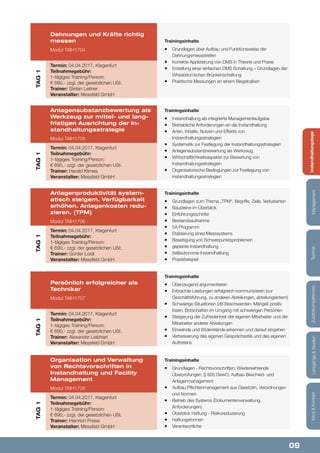 09
Lehrgänge&StudienInfos&KontaktZusatzkompetenzenTechnikManagementInstandhaltungstage
Trainingsinhalte
¡¡ Grundlagen über Aufbau und Funktionsweise der
Dehnungsmessstreifen
¡¡ Korrekte Applizierung von DMS in Theorie und Praxis
¡¡ Erstellung einer einfachen DMS Schaltung – Grundlagen der
Wheatston’schen Brückenschaltung
¡¡ Praktische Messungen an einem Biegebalken
Trainingsinhalte
¡¡ Grundlagen zum Thema „TPM“, Begriffe, Ziele, Verlustarten
¡¡ Bausteine im Überblick
¡¡ Einführungsschritte
¡¡ Bestandsaufnahme
¡¡ 5A Programm
¡¡ Etablierung eines Messsystems
¡¡ Beseitigung von Schwerpunktsproblemen
¡¡ geplante Instandhaltung
¡¡ (teil)autonome Instandhaltung
¡¡ Praxisbeispiel
Trainingsinhalte
¡¡ Überzeugend argumentieren
¡¡ Erbrachte Leistungen erfolgreich kommunizieren (zur
Geschäftsführung, zu anderen Abteilungen, abteilungsintern)
¡¡ Schwierige Situationen (zB Beschwerden, Mängel) positiv
lösen, Botschaften im Umgang mit schwierigen Personen
¡¡ Steigerung der Zufriedenheit der eigenen Mitarbeiter und der
Mitarbeiter anderer Abteilungen
¡¡ Einwände und Widerstände erkennen und darauf eingehen
¡¡ Verbesserung des eigenen Gesprächsstils und des eigenen
Auftretens
Trainingsinhalte
¡¡ Grundlagen - Rechtsvorschriften; Wiederkehrende
Überprüfungen, § 82b GewO; Aufbau Bescheid- und
Anlagenmanagement
¡¡ Aufbau Pflichtenmanagement aus Gesetzen, Verordnungen
und Normen
¡¡ Betrieb des Systems (Dokumentenverwaltung,
Anforderungen)
¡¡ Überblick Haftung - Risikoreduzierung
¡¡ Haftungsformen
¡¡ Verantwortliche
Trainingsinhalte
¡¡ Instandhaltung als integrierte Managementaufgabe
¡¡ Betriebliche Anforderungen an die Instandhaltung
¡¡ Arten, Inhalte, Nutzen und Effekte von
Instandhaltungsstrategien
¡¡ Systematik zur Festlegung der Instandhaltungsstrategien
¡¡ Anlagensubstanzbewertung als Werkzeug
¡¡ Wirtschaftlichkeitsaspekte zur Bewertung von
Instandhaltungsstrategien
¡¡ Organisatorische Bedingungen zur Festlegung von
Instandhaltungsstrategien
Dehnungen und Kräfte richtig
messen
Modul TAIH1704
Anlagenproduktivität system-
atisch steigern. Verfügbarkeit
erhöhen. Anlagenkosten redu-
zieren. (TPM)
Modul TAIH1706
Persönlich erfolgreicher als
Techniker
Modul TAIH1707
Organisation und Verwaltung
von Rechtsvorschriften in
Instandhaltung und Facility
Management
Modul TAIH1708
Anlagensubstanzbewertung als
Werkzeug zur mittel- und lang-
fristigen Ausrichtung der In-
standhaltungsstrategie
Modul TAIH1705
Termin: 04.04.2017, Klagenfurt
Teilnahmegebühr:
1-tägiges Training/Person:
€ 690,- zzgl. der gesetzlichen USt.
Trainer: Stefan Leitner
Veranstalter: Messfeld GmbH
Termin: 04.04.2017, Klagenfurt
Teilnahmegebühr:
1-tägiges Training/Person:
€ 690,- zzgl. der gesetzlichen USt.
Trainer: Günter Loidl
Veranstalter: Messfeld GmbH
Termin: 04.04.2017, Klagenfurt
Teilnahmegebühr:
1-tägiges Training/Person:
€ 690,- zzgl. der gesetzlichen USt.
Trainer: Alexander Liebhart
Veranstalter: Messfeld GmbH
Termin: 04.04.2017, Klagenfurt
Teilnahmegebühr:
1-tägiges Training/Person:
€ 690,- zzgl. der gesetzlichen USt.
Trainer: Heinrich Preiss
Veranstalter: Messfeld GmbH
Termin: 04.04.2017, Klagenfurt
Teilnahmegebühr:
1-tägiges Training/Person:
€ 690,- zzgl. der gesetzlichen USt.
Trainer: Harald Klimes
Veranstalter: Messfeld GmbH
TAG1TAG1TAG1TAG1TAG1
 