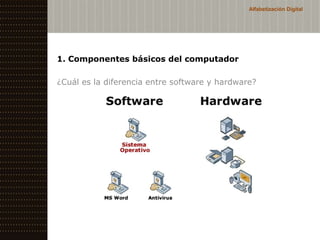 Alfabetización Digital




1. Componentes básicos del computador

¿Cuál es la diferencia entre software y hardware?
 