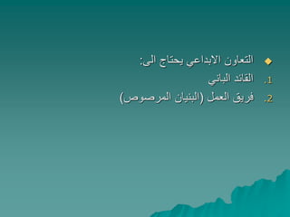 ‫الى‬ ‫يحتاج‬ ‫االبداعي‬ ‫التعاون‬:
.1‫الباني‬ ‫القائد‬
.2‫العمل‬ ‫فريق‬(‫المرصوص‬ ‫البنيان‬)
 