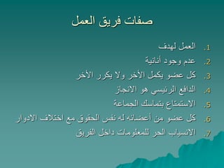 ‫العمل‬ ‫فريق‬ ‫صفات‬
.1‫لهدف‬ ‫العمل‬
.2‫أنانية‬ ‫وجود‬ ‫عدم‬
.3‫األخر‬ ‫يكرر‬ ‫وال‬ ‫األخر‬ ‫يكمل‬ ‫عضو‬ ‫كل‬
.4‫االنجاز‬ ‫هو‬ ‫الرئيسي‬ ‫الدافع‬
.5‫الجماعة‬ ‫بتماسك‬ ‫االستمتاع‬
.6‫االدو‬ ‫اختالف‬ ‫مع‬ ‫الحقوق‬ ‫نفس‬ ‫له‬ ‫أعضائه‬ ‫من‬ ‫عضو‬ ‫كل‬‫ار‬
.7‫الفريق‬ ‫داخل‬ ‫للمعلومات‬ ‫الحر‬ ‫االنسياب‬
 