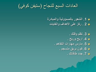 ‫للنجاح‬ ‫السبع‬ ‫العادات‬(‫كوفي‬ ‫ستيفن‬)
1.‫والمبادرة‬ ‫بالمسؤولية‬ ‫الشعور‬
2.‫والغايات‬ ‫األهداف‬ ‫على‬ ‫ركز‬
3.‫وقتك‬ ‫نظم‬.
4.‫وربح‬ ‫اربح‬.
5.‫التفاهم‬ ‫مهارات‬ ‫مارس‬.
6.‫منسجم‬ ‫بريق‬ ‫كون‬.
7.‫طاقاتك‬ ‫جدد‬.
 