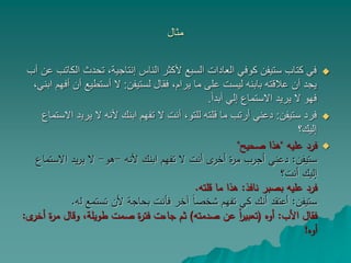 ‫مثال‬
‫ا‬ ‫تحدث‬ ،‫إنتاجية‬ ‫الناس‬ ‫ألكثر‬ ‫السبع‬ ‫العادات‬ ‫كوفي‬ ‫ستيفن‬ ‫كتاب‬ ‫في‬‫أب‬ ‫عن‬ ‫لكاتب‬
‫لستيفن‬ ‫فقال‬ ،‫يرام‬ ‫ما‬ ‫على‬ ‫ليست‬ ‫بابنه‬ ‫عالقته‬ ‫أن‬ ‫يجد‬:‫أن‬ ‫أستطيع‬ ‫ال‬،‫ابني‬ ‫أفهم‬
ً‫ا‬‫أبد‬ ‫إلي‬ ‫االستماع‬ ‫يريد‬ ‫ال‬ ‫فهو‬.
‫ستيفن‬ ‫فرد‬:‫يري‬ ‫ال‬ ‫ألنه‬ ‫ابنك‬ ‫تفهم‬ ‫ال‬ ‫أنت‬ ،‫للتو‬ ‫قلته‬ ‫ما‬ ‫أرتب‬ ‫دعني‬‫االستماع‬ ‫د‬
‫إليك؟‬
‫عليه‬ ‫فرد‬"‫صحيح‬ ‫هذا‬"
‫ستيفن‬:‫ألنه‬ ‫ابنك‬ ‫تفهم‬ ‫ال‬ ‫أنت‬ ‫ى‬‫أخر‬ ‫ة‬‫ر‬‫م‬ ‫أجرب‬ ‫دعني‬-‫هو‬-‫ا‬ ‫يد‬‫ر‬‫ي‬ ‫ال‬‫الستماع‬
‫أنت؟‬ ‫إليك‬
‫نافذ‬ ‫بصبر‬ ‫عليه‬ ‫فرد‬:‫قلته‬ ‫ما‬ ‫هذا‬.
‫ستيفن‬:‫ل‬ ‫تستمع‬ ‫ألن‬ ‫بحاجة‬ ‫فأنت‬ ‫آخر‬ ً‫ا‬‫شخص‬ ‫تفهم‬ ‫كي‬ ‫أنك‬ ‫أعتقد‬‫ه‬.
‫األب‬ ‫فقال‬:‫أوه‬(‫صدمته‬ ‫عن‬ ً‫ا‬‫ر‬‫تعبي‬)‫وقا‬ ،‫طويلة‬ ‫صمت‬ ‫ة‬‫ر‬‫فت‬ ‫جاءت‬ ‫ثم‬‫ى‬‫أخر‬ ‫ة‬‫ر‬‫م‬ ‫ل‬:
‫أوه‬!
 
