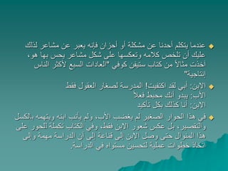 ‫لذل‬ ‫مشاعر‬ ‫عن‬ ‫يعبر‬ ‫فإنه‬ ‫أحزان‬ ‫أو‬ ‫مشكلة‬ ‫عن‬ ‫أحدنا‬ ‫يتكلم‬ ‫عندما‬‫ك‬
،‫هو‬ ‫بها‬ ‫يحس‬ ‫مشاعر‬ ‫شكل‬ ‫على‬ ‫وتعكسها‬ ‫كالمه‬ ‫تلخص‬ ‫أن‬ ‫عليك‬
‫كوفي‬ ‫ستيفن‬ ‫كتاب‬ ‫من‬ ً‫ال‬‫مثا‬ ‫آخذت‬"‫ا‬ ‫ألكثر‬ ‫السبع‬ ‫العادات‬‫لناس‬
‫إنتاجية‬"
‫االبن‬:‫اكتفيت‬ ‫لقد‬ ‫أبي‬!‫فقط‬ ‫العقول‬ ‫لصغار‬ ‫المدرسة‬
‫األب‬:ً‫ال‬‫فع‬ ‫محبط‬ ‫أنك‬ ‫يبدو‬
‫االبن‬:‫تأكيد‬ ‫بكل‬ ‫كذلك‬ ‫أنا‬
‫ب‬ ‫ويتهمه‬ ‫ابنه‬ ‫يأنب‬ ‫ولم‬ ،‫األب‬ ‫يغضب‬ ‫لم‬ ‫الصغير‬ ‫الحوار‬ ‫هذا‬ ‫في‬‫الكسل‬
‫ل‬ ‫تكملة‬ ‫الكتاب‬ ‫وفي‬ ،‫فقط‬ ‫االبن‬ ‫شعور‬ ‫عكس‬ ‫بل‬ ،‫والتقصير‬‫على‬ ‫لحور‬
‫وإلى‬ ‫مهمة‬ ‫الدراسة‬ ‫أن‬ ‫إلى‬ ‫قناعة‬ ‫إلى‬ ‫االبن‬ ‫وصل‬ ‫حتى‬ ‫المنوال‬ ‫هذا‬
‫الدراسة‬ ‫في‬ ‫مستواه‬ ‫لتحسين‬ ‫عملية‬ ‫خطوات‬ ‫اتخاذ‬.
 