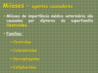 Miíases – agentes causadores 
Miíases de importância médico veterinária são causadas por dípteros da superfamília Oestroidea. 
Famílias: 
Oestridae 
Cuterebridae 
Sarcophagidae 
Calliphoridae  