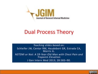 Dual Process Theory
Teaching slides based on:
Schleifer JW, Centor RM, Heudebert GR, Estrada CA,
Morris JL.
NSTEMI or Not: A 59-Year-Old Man with Chest Pain and
Troponin Elevation
J Gen Intern Med 2013; 28:583–90.
 