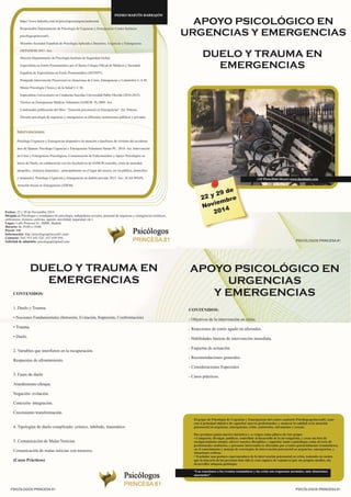 Díptico taller práctico apoyo psicológico, trauma y duelo en urgencias y emergencias