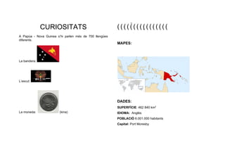 CURIOSITATS                               ( ( ( ( ( ( ( ( ( ( ( ( ( ( ( (
                                                                  
A Papúa - Nova Guinea s’hi parlen més de 700 llengües
diferents.
                                                        MAPES:



La bandera:




L’escut:




                                                        DADES:
                                                        SUPERFÍCIE: 462 840 km2
La moneda:              (kina)                          IDIOMA: Anglès
                                                        POBLACIÓ 6.001.000 habitants
                                                        Capital: Port Moresby
 