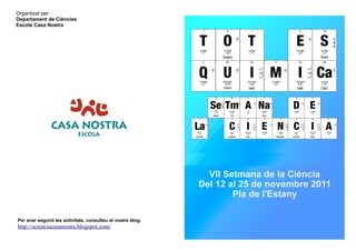 Organtizat per:
Departament de Ciències
Escola Casa Nostra




Per anar seguint les activitats, consulteu el nostre blog:
http://scienciacasanostra.blogspot.com/
 
