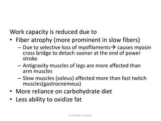 Work capacity is reduced due to
• Fiber atrophy (more prominent in slow fibers)
– Due to selective loss of myofilaments causes myosin
cross bridge to detach sooner at the end of power
stroke
– Antigravity muscles of legs are more affected than
arm muscles
– Slow muscles (soleus) affected more than fast twitch
muscles(gastrocnemeus)
• More reliance on carbohydrate diet
• Less ability to oxidize fat
Dr. Misbah-ul-Qamar
 