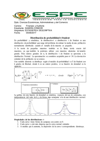 Dpto. Ciencias Económicas, Administrativas y del Comercio
Carrera: Finanzas y Auditoría
Estudiante: SANDRA CÓNDOR
Asignatura: ESTADISTICA DESCRIPTIVA
Fecha: 05/08/2017
Distribución de probabilidad t-Student
En probabilidad y estadística, la distribución-t o distribución t de Student es una
distribución de probabilidad que surge del problema de estimar la media de una población
normalmente distribuida cuando el tamaño de la muestra es pequeño.
A la teoría de pequeñas muestras también se le llama teoría exacta del
muestreo, ya que también la podemos utilizar con muestras aleatorias de tamaño
grande. Para valores grandes de n, la distribución t de Student se aproxima a la
distribución Normal. La aproximación se considera aceptable para n> 30. La desviación
estándar de la población no se conoce.
Una variable aleatoria se distribuye según el modelo de probabilidad t o T de Student con
k grados de libertad, donde k es un entero positivo, si su función de densidad es la
siguiente:
La gráfica de esta función de densidad es simétrica, respecto del eje de ordenadas, con
independencia del valor de k, y de forma algo semejante a la de una distribución normal:
Propiedades de las distribuciones t
1. Cada curva t tiene forma de campana con centro en 0.
2. Cada curva t, está más dispersa que la curva normal estándar.
3. A medida que k aumenta, la dispersión de la curva t correspondiente disminuye.
 